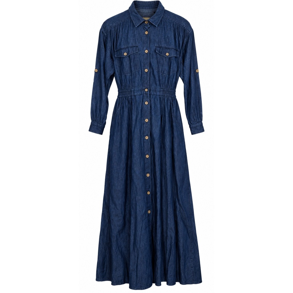Lizsport Denim Maxi Dress Size 8 Blue Long Sleeve Button Front Cotton Western
